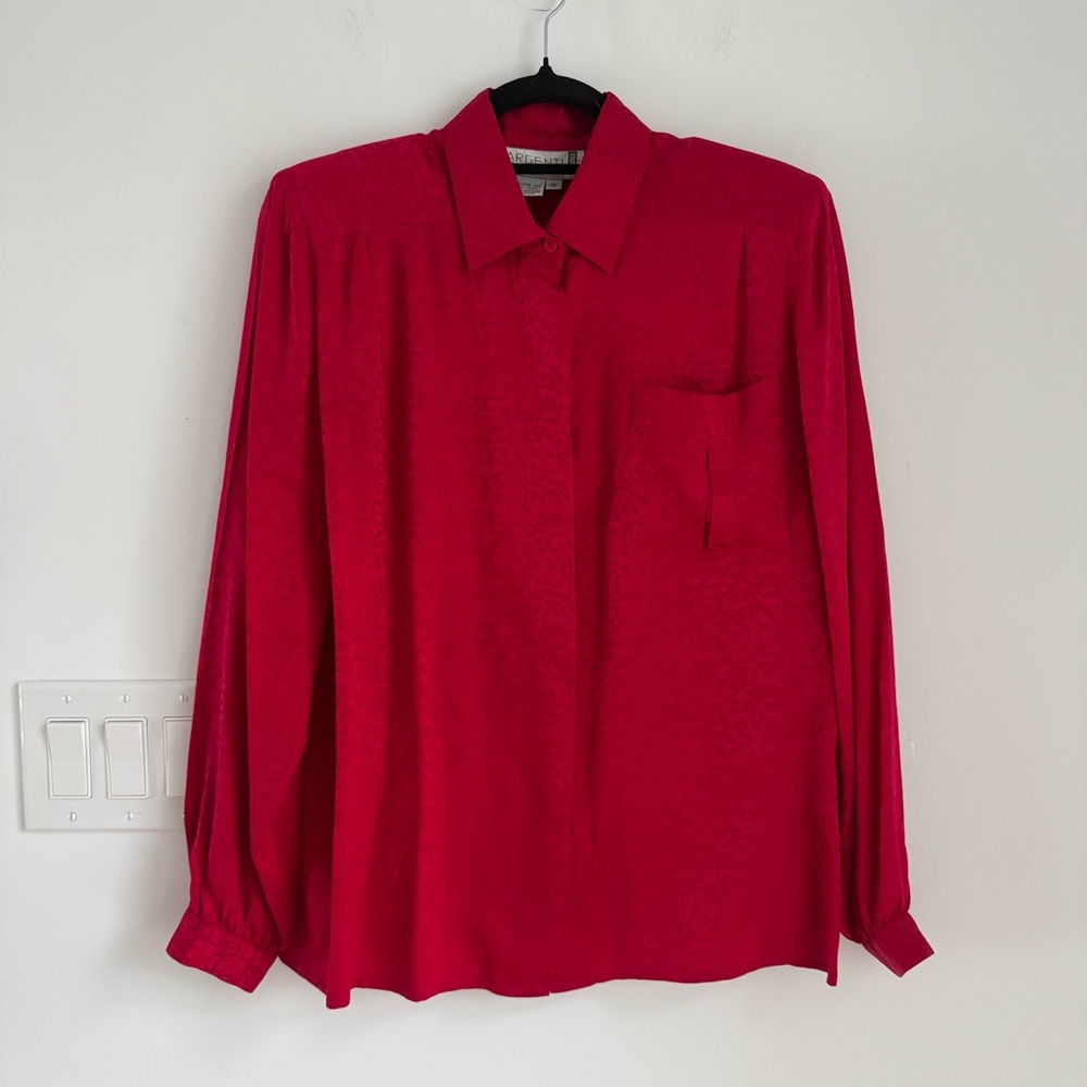 Women's 80s Argenti 100% Pure Silk Retro Red Print Blouse Shirt Pleats